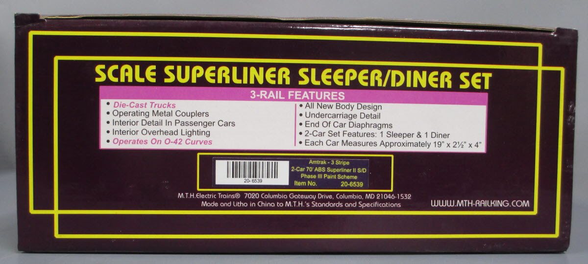 MTH 20-6539 O Amtrak 3 Stripe SuperLiner Slpr/Diner Passenger Car Set (Set of 2) NIB
