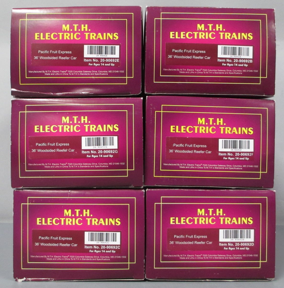 MTH 20-90692 O Pacific Fruit Express 36' Woodsided Reefer 6-Car Set MT/Box