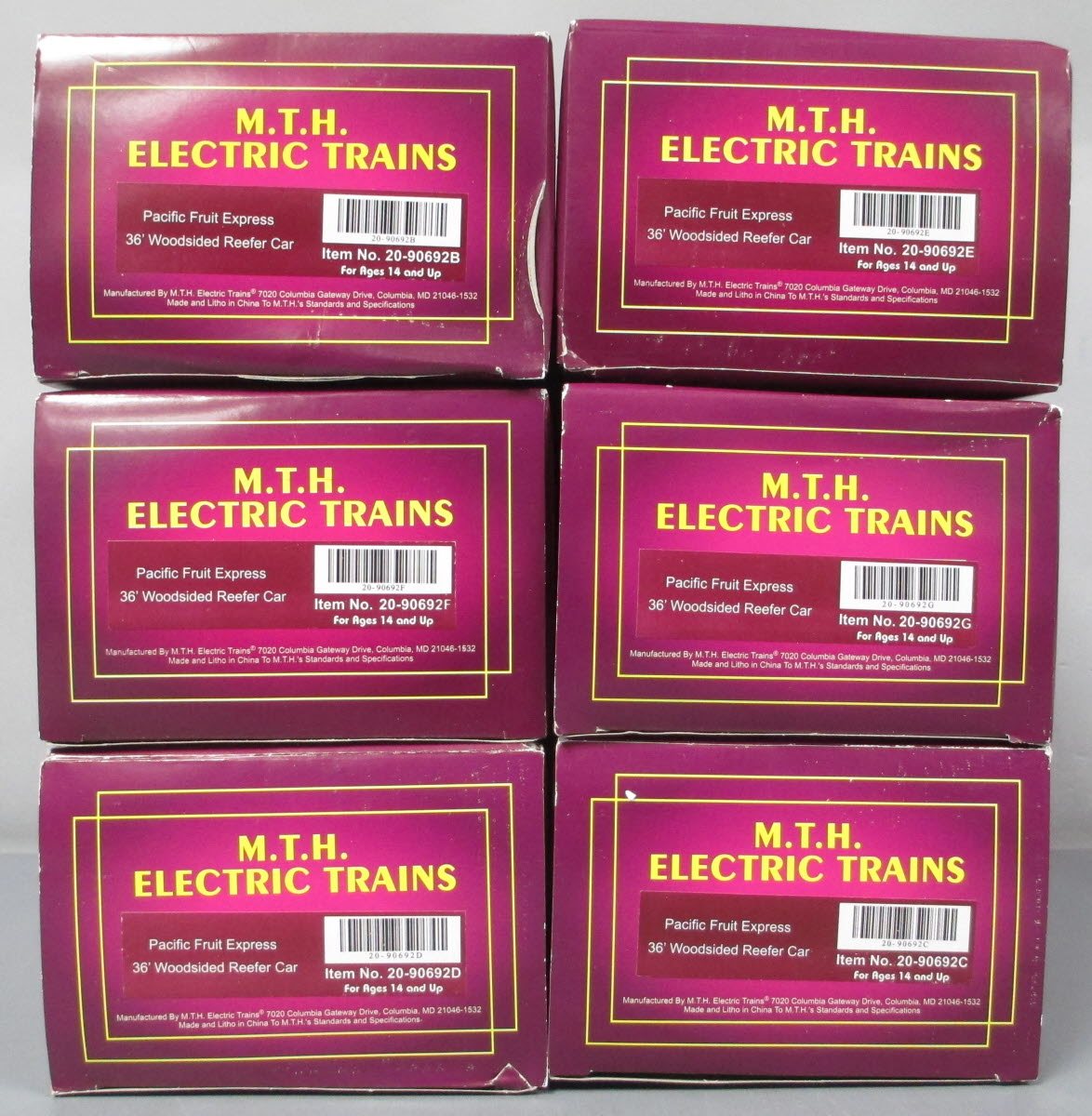 MTH 20-90692 O Pacific Fruit Express 36' Woodsided Reefer 6-Car Set MT/Box