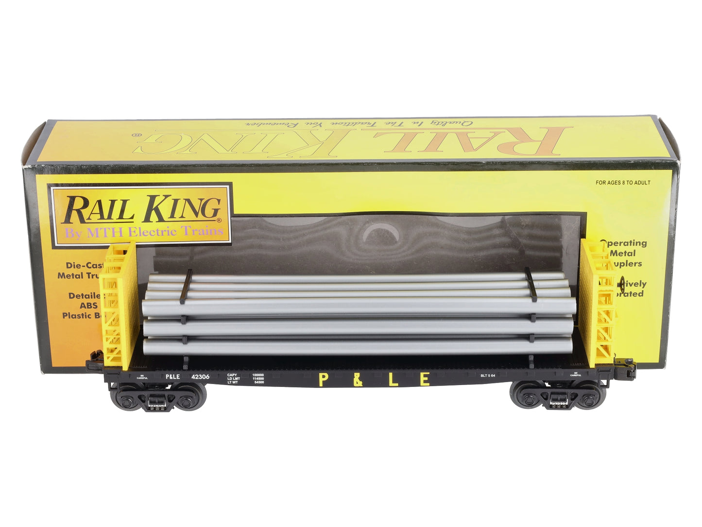 MTH 30-76233 Pittsburgh & Lake Erie Flat Car - w/Bulkheads & Pipe Load #42306 LN/Box