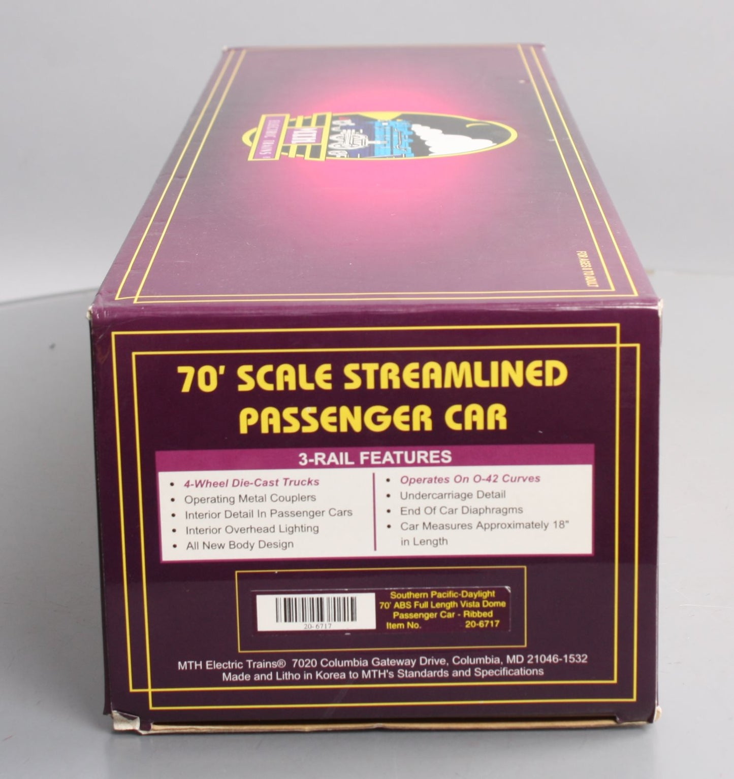 MTH 20-6717 O Southern Pacific Daylight 70' ABS Full Length Vista Dome #3605 LN/Box