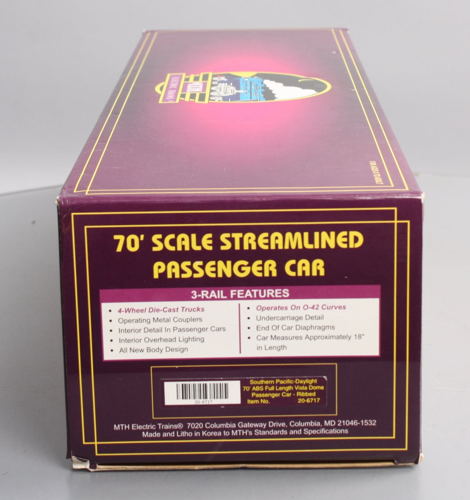 MTH 20-6717 O Southern Pacific Daylight 70' ABS Full Length Vista Dome #3605 LN/Box