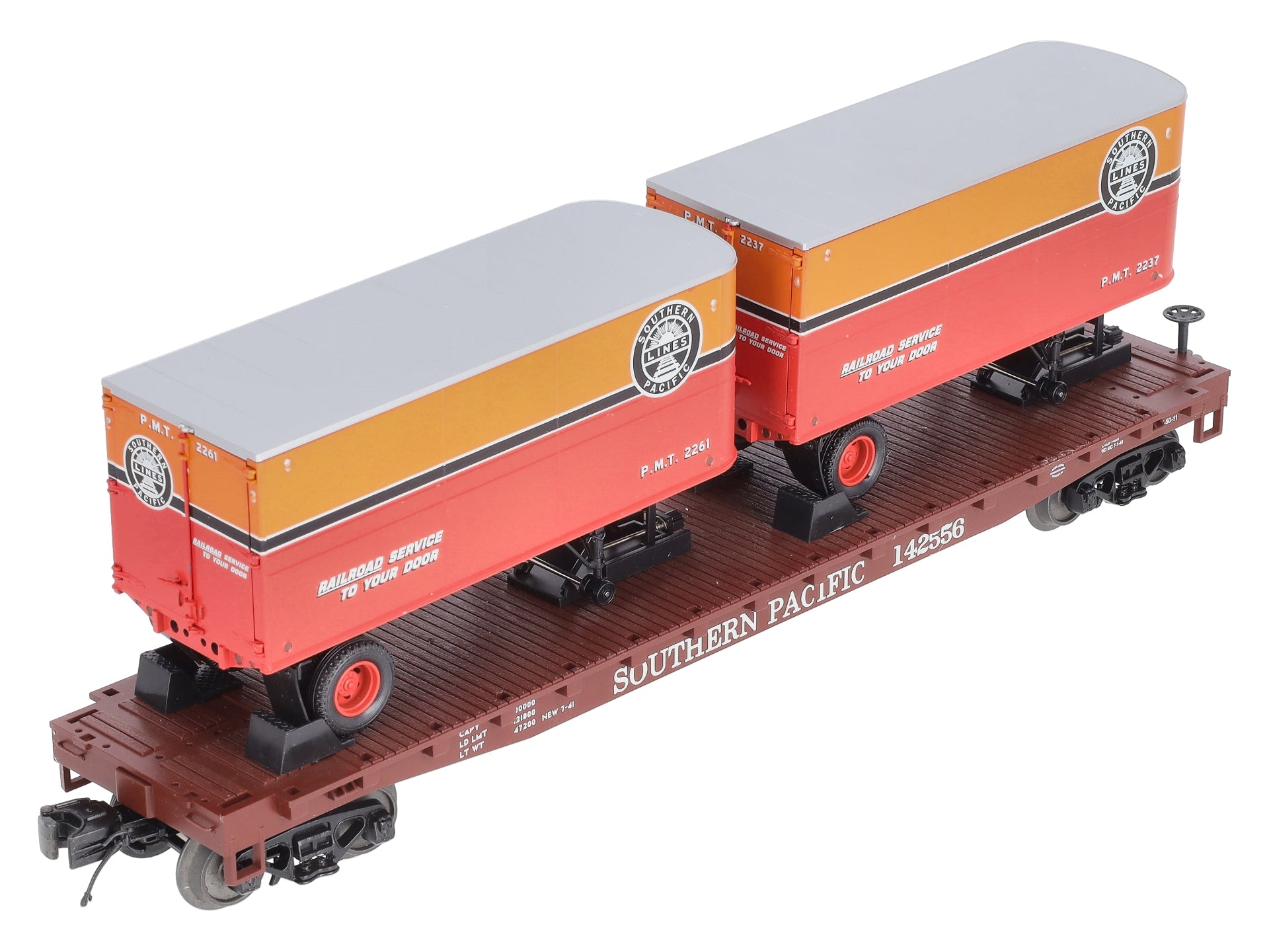 MTH 20-98601 O Gauge Southern Pacific Flat w/2 PUP Trailers