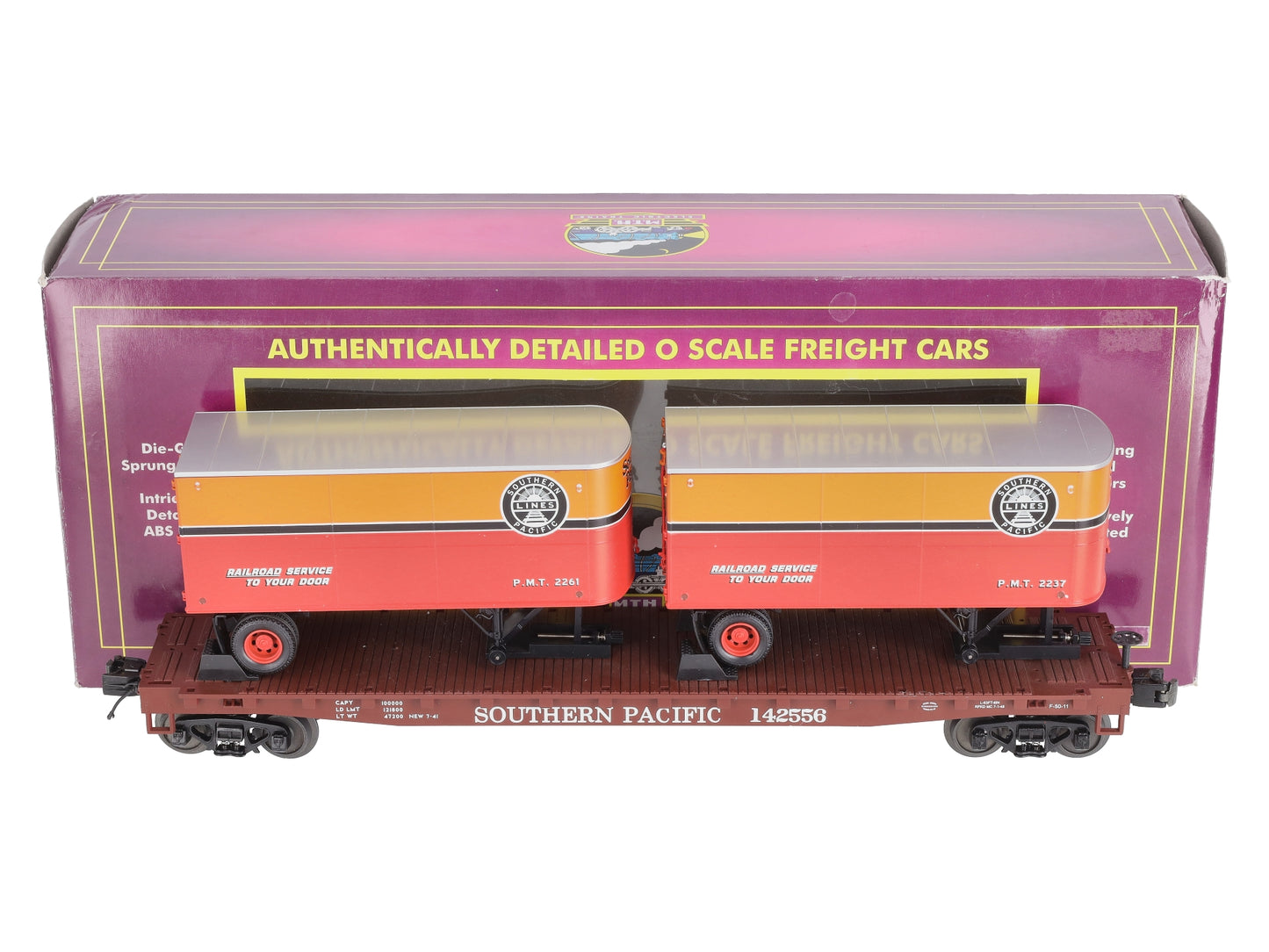 MTH 20-98601 O Gauge Southern Pacific Flat w/2 PUP Trailers