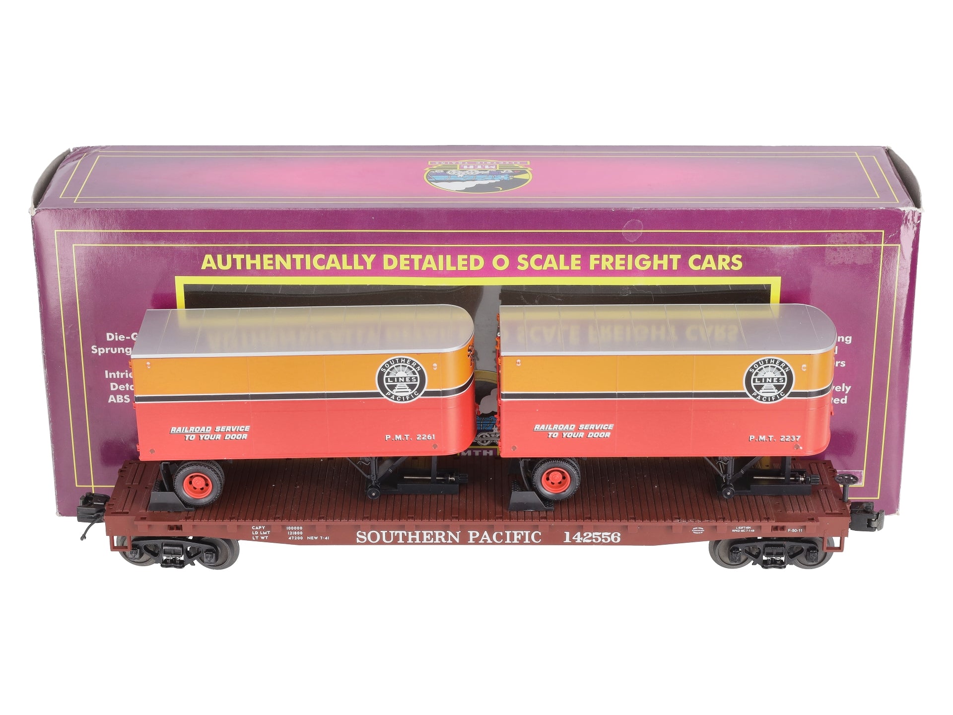 MTH 20-98601 O Gauge Southern Pacific Flat w/2 PUP Trailers