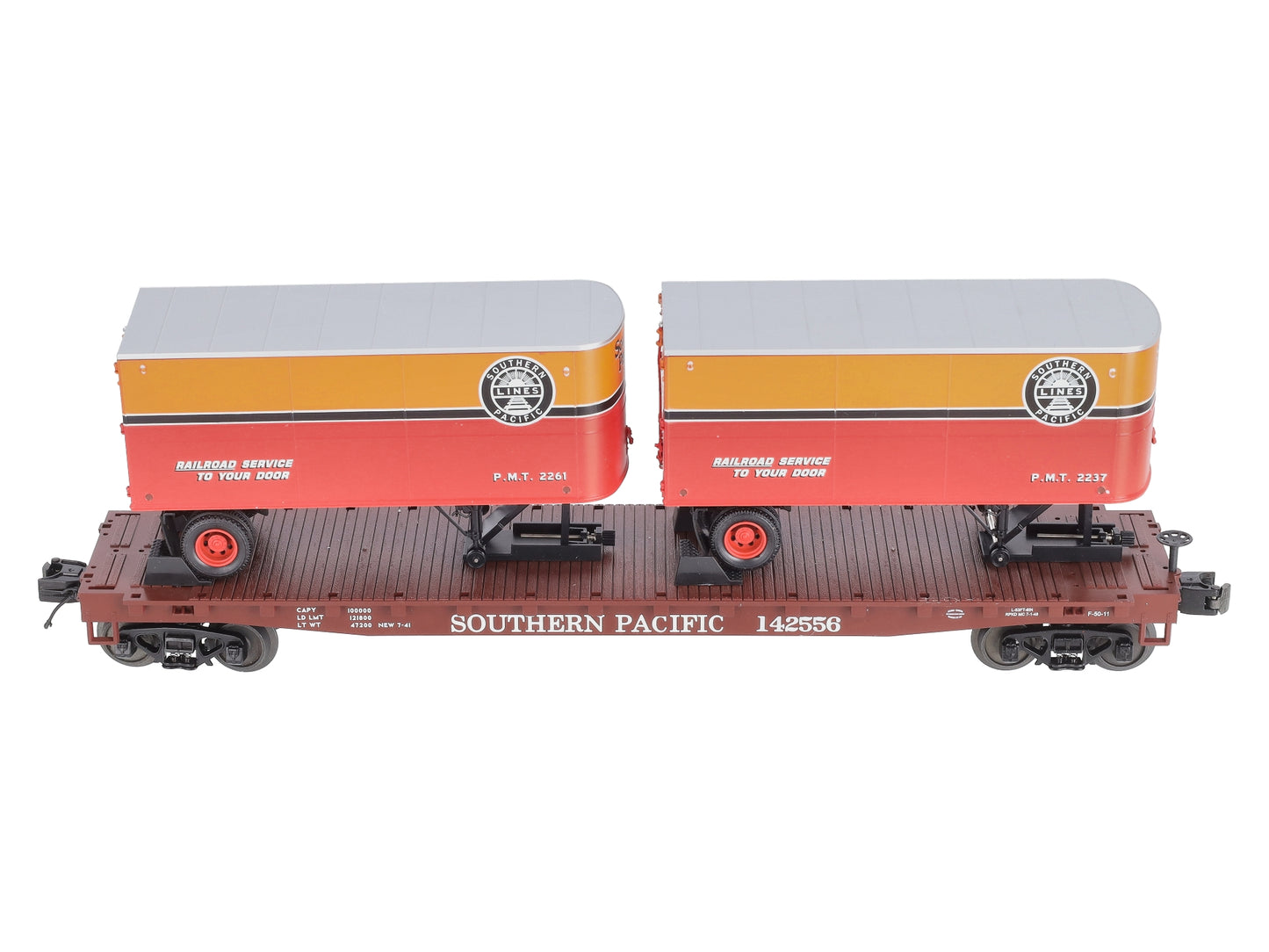 MTH 20-98601 O Gauge Southern Pacific Flat w/2 PUP Trailers