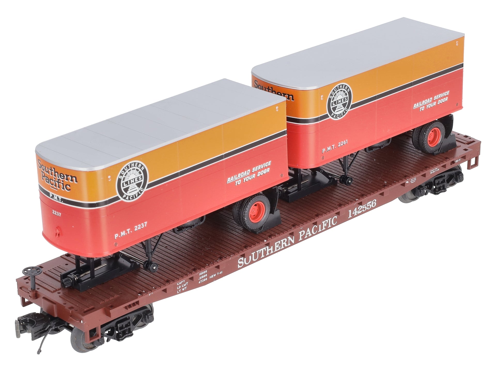 MTH 20-98601 O Gauge Southern Pacific Flat w/2 PUP Trailers