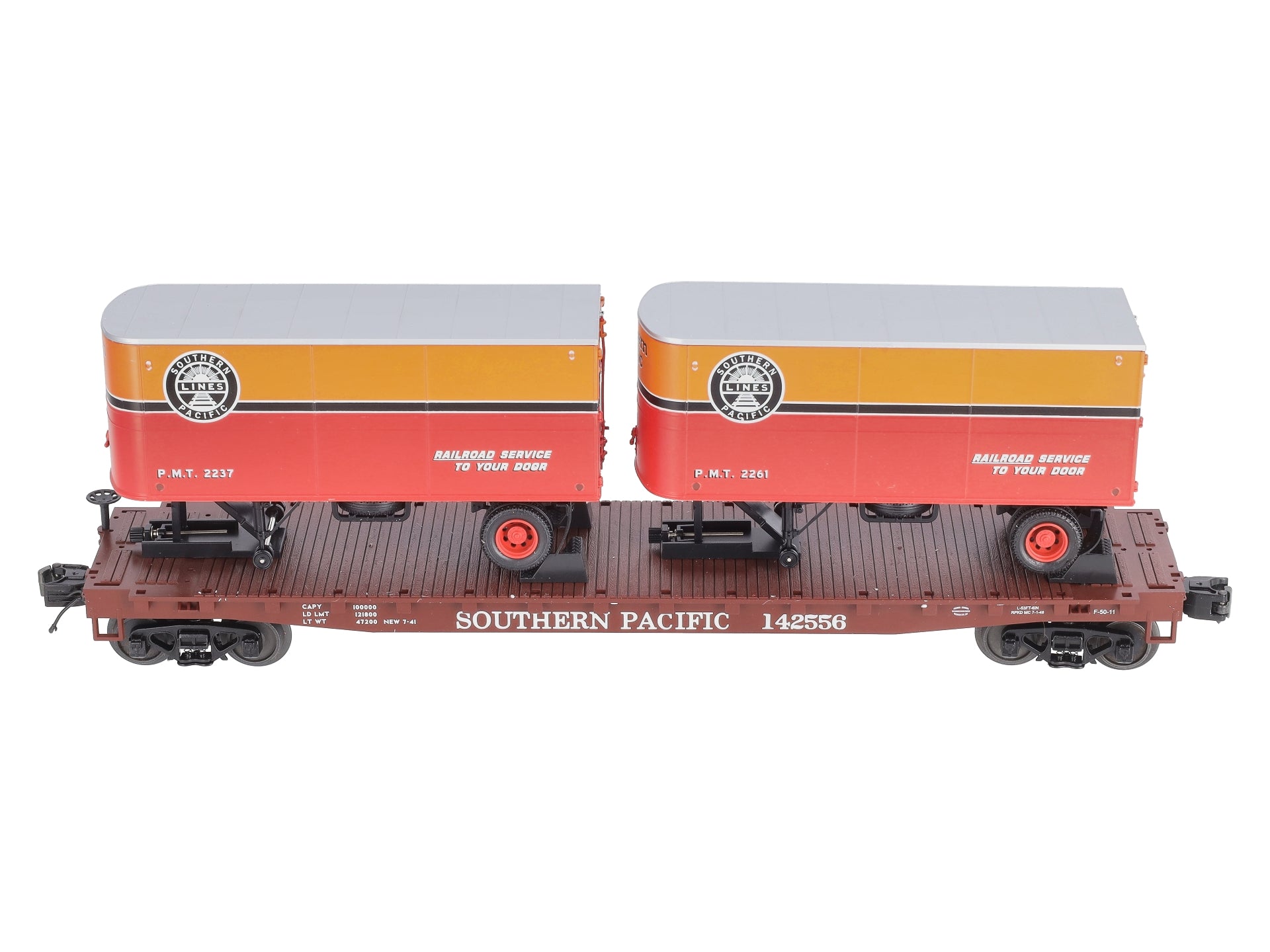MTH 20-98601 O Gauge Southern Pacific Flat w/2 PUP Trailers