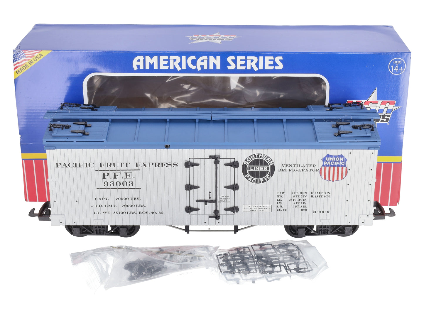 USA Trains R16004C G PFE SP/UP U.S. Refrigerator Cars (Silver/Blue) #93003