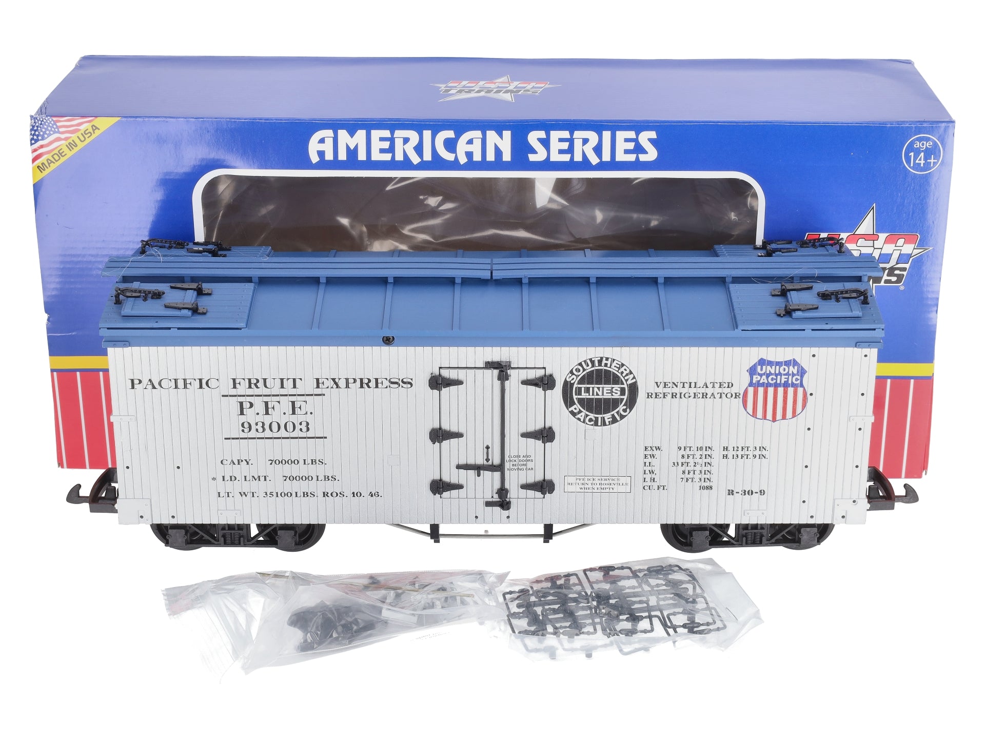 USA Trains R16004C G PFE SP/UP U.S. Refrigerator Cars (Silver/Blue) #93003