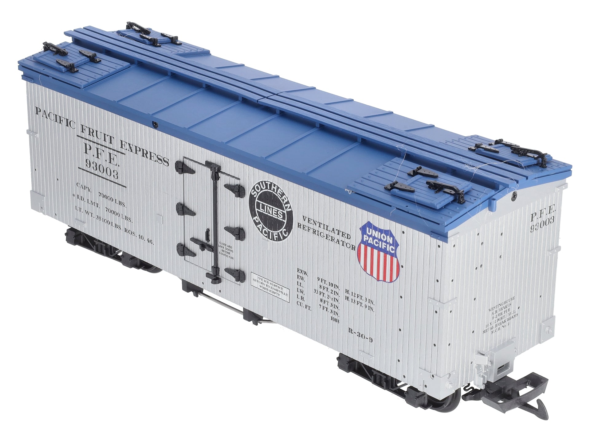 USA Trains R16004C G PFE SP/UP U.S. Refrigerator Cars (Silver/Blue) #93003