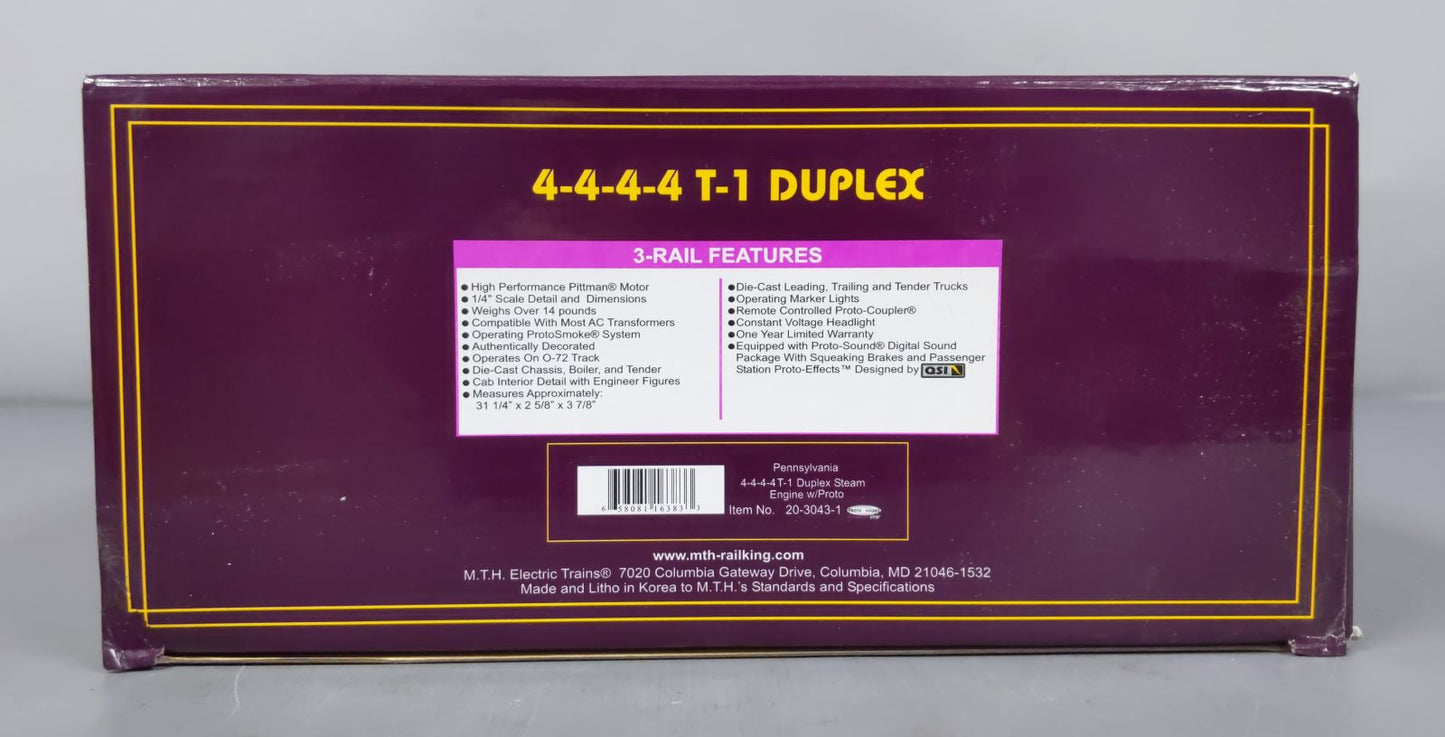 MTH 20-3043-1 O PRR 4-4-4-4 T-1 Duplex Steam Locomotive & Tender w/PS1 #6110 EX/Box
