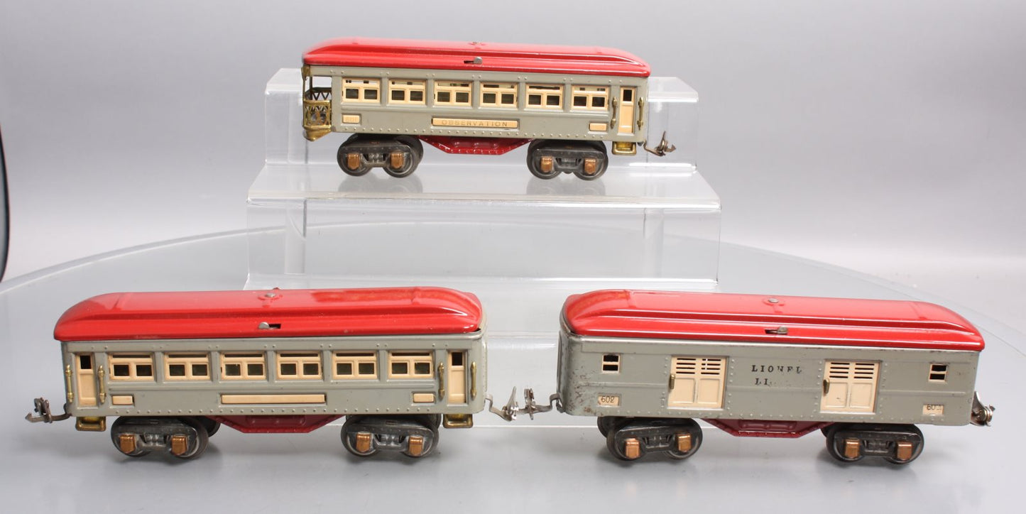 Lionel 600, 601 & 602 Vintage O Tinplate Grey//Red Passenger Cars [3] VG
