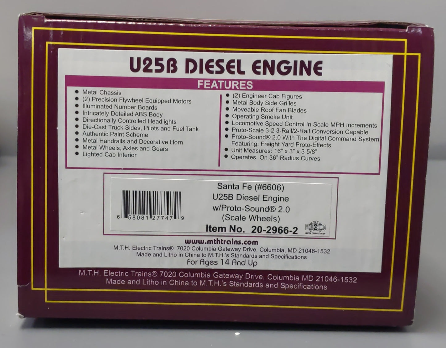 MTH 20-2966-2 Santa Fe U25B Diesel Engine w/PS2 #6606 (Scale Wheels)