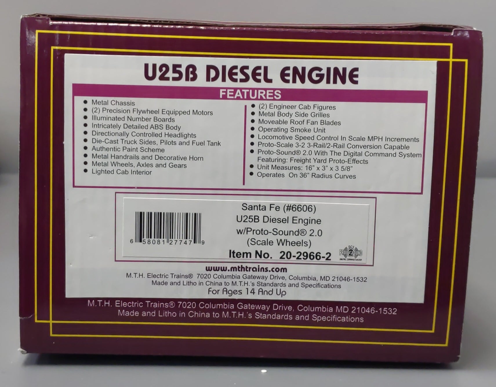 MTH 20-2966-2 Santa Fe U25B Diesel Engine w/PS2 #6606 (Scale Wheels)