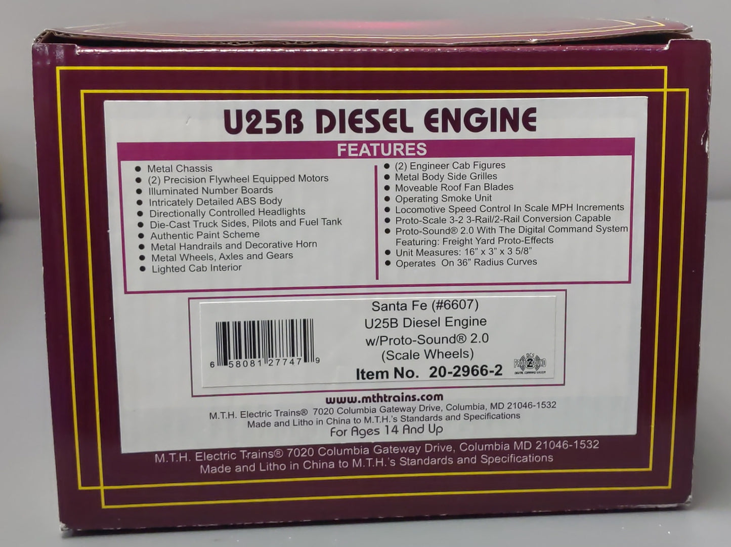 MTH 20-2966-2 Santa Fe U25B Diesel Engine w/PS2 #6606 (Scale Wheels)