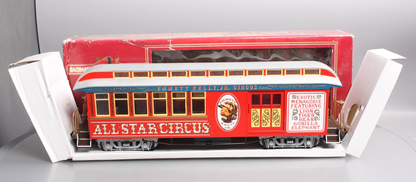Bachmann 97171 G Scale Circus Advertising Combine Car w/ Plastic Wheels LN/Box