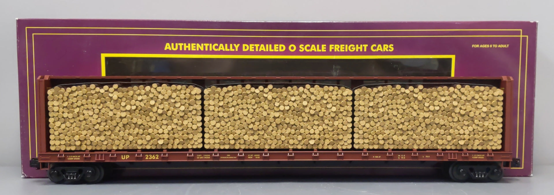 MTH 20-98212 O Gauge Union Pacific Center I-Beam Flat Car w/ Log Load #2362 LN/Box