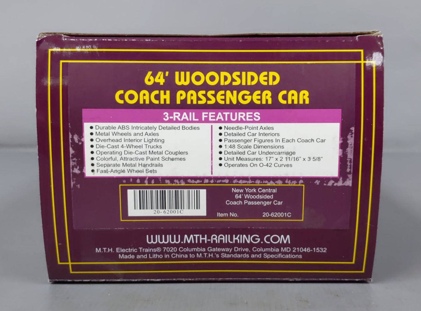 MTH 20-62001C O Gauge New York Central 64' Woodsided Coach Passenger Car NIB