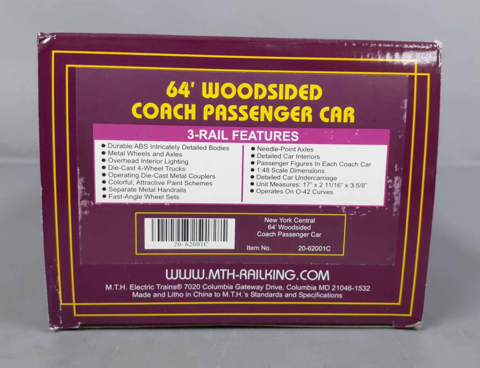 MTH 20-62001C O Gauge New York Central 64' Woodsided Coach Passenger Car NIB