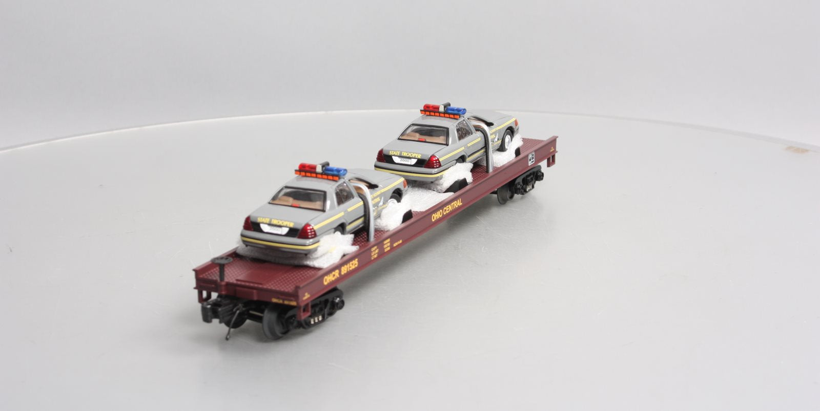 MTH 20-98488 O Ohio Central Flatcar with 2 Ford Police Cars #891525 LN/Box