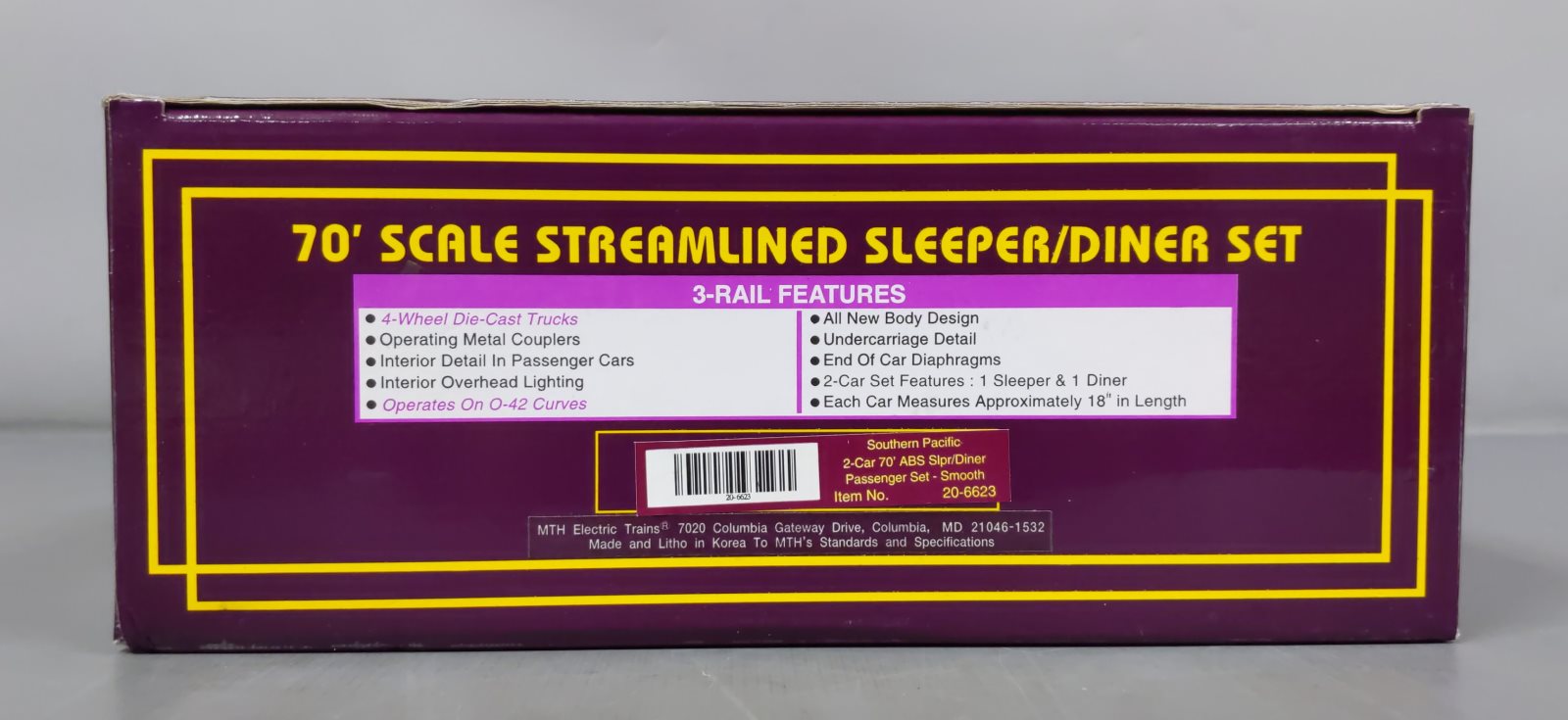 MTH 20-6623 O SP 70' Streamlined Sleeper/Diner Passenger Car Set (Set of 2) EX/Box