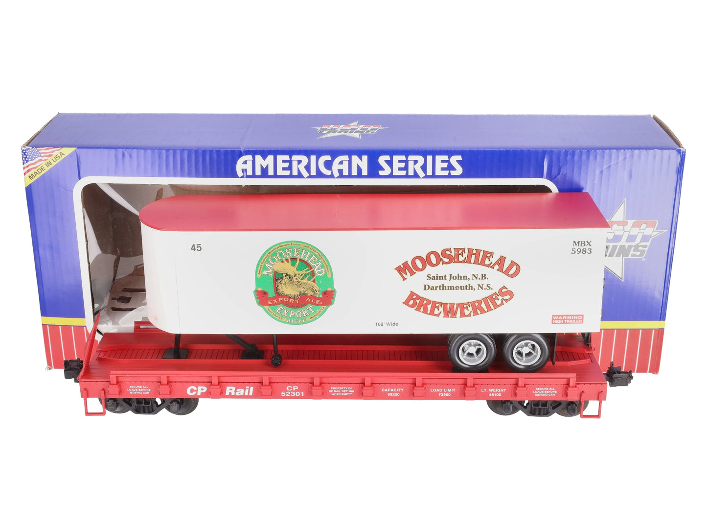 USA Trains R17049 G Gauge CP Rail Flat Car with Moosehead Breweries Trailer VG/Box
