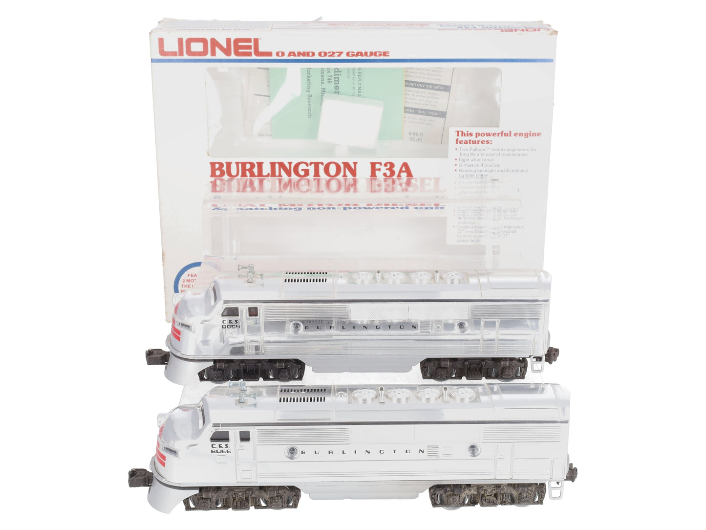 Lionel 6-8054 O Burlington F-3 AA Chrome Diesel Locomotives #8054/#8055 EX/Box
