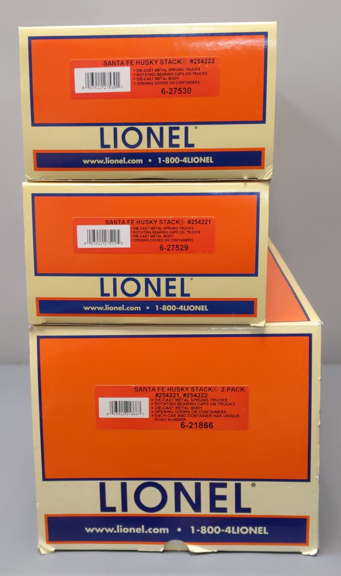 Lionel 6-21866 O Gauge Santa Fe Husky Stack Cars w/Containers #254221/#254222