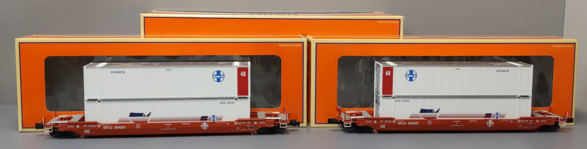 Lionel 6-21866 O Gauge Santa Fe Husky Stack Cars w/Containers #254221/#254222 NIB