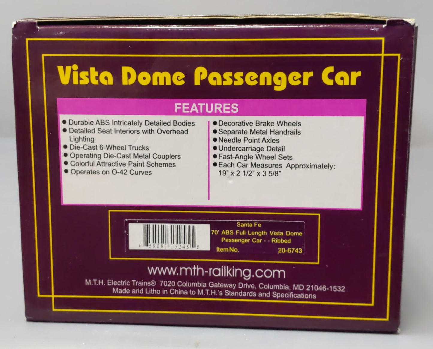 MTH 20-6743 O Gauge Santa Fe Vista Dome Passenger Car #508 LN/Box