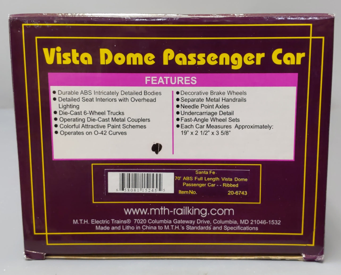 MTH 20-6743 O Gauge Santa Fe Vista Dome Passenger Car #508 LN/Box