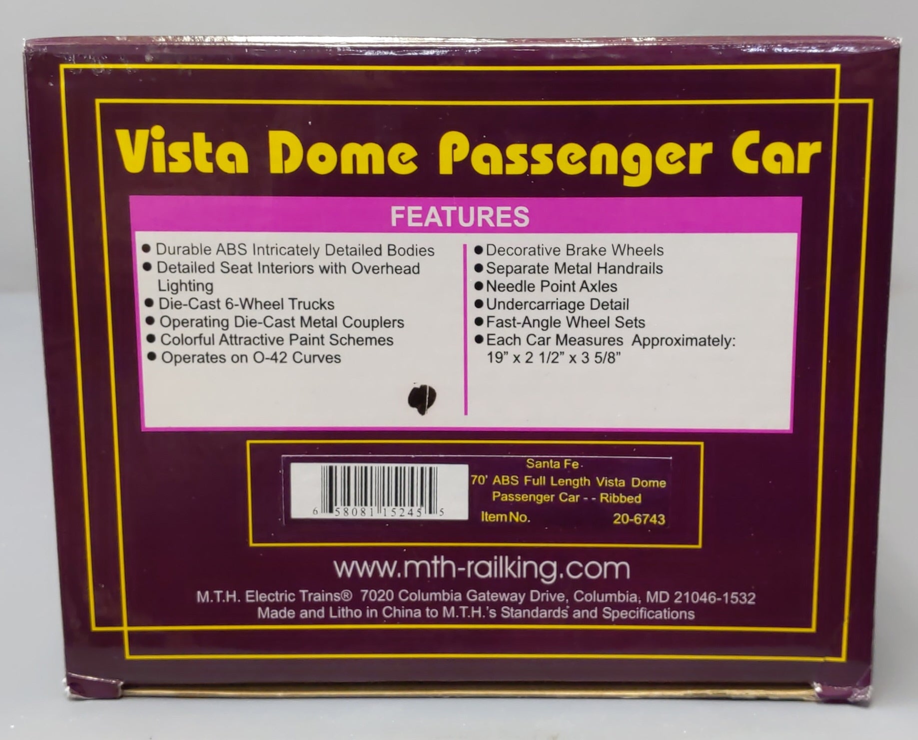 MTH 20-6743 O Gauge Santa Fe Vista Dome Passenger Car #508 LN/Box
