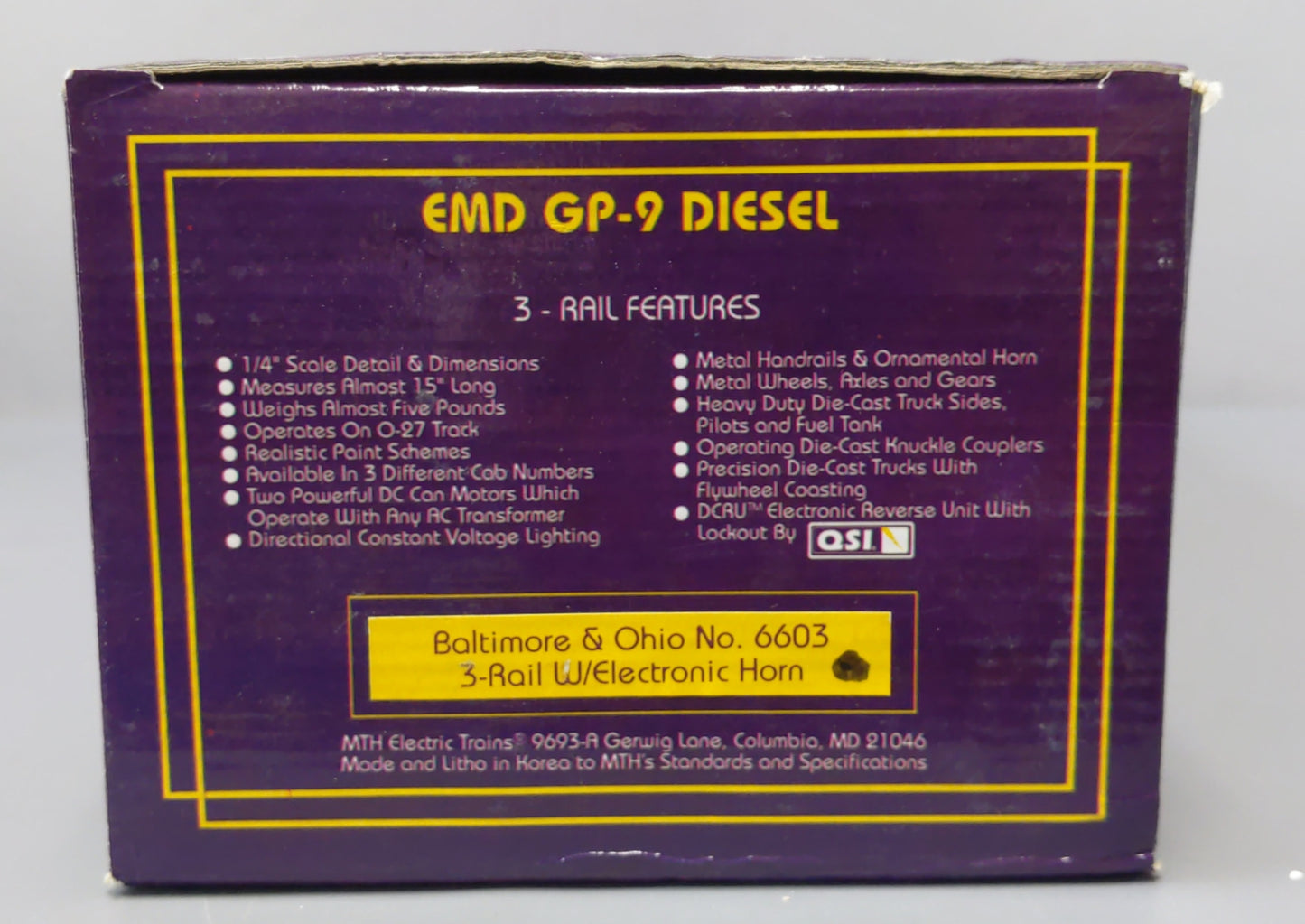 MTH 20-2699-0 O Baltimore & Ohio GP-9 Diesel Engine #6603 with Electronic Horn EX/Box