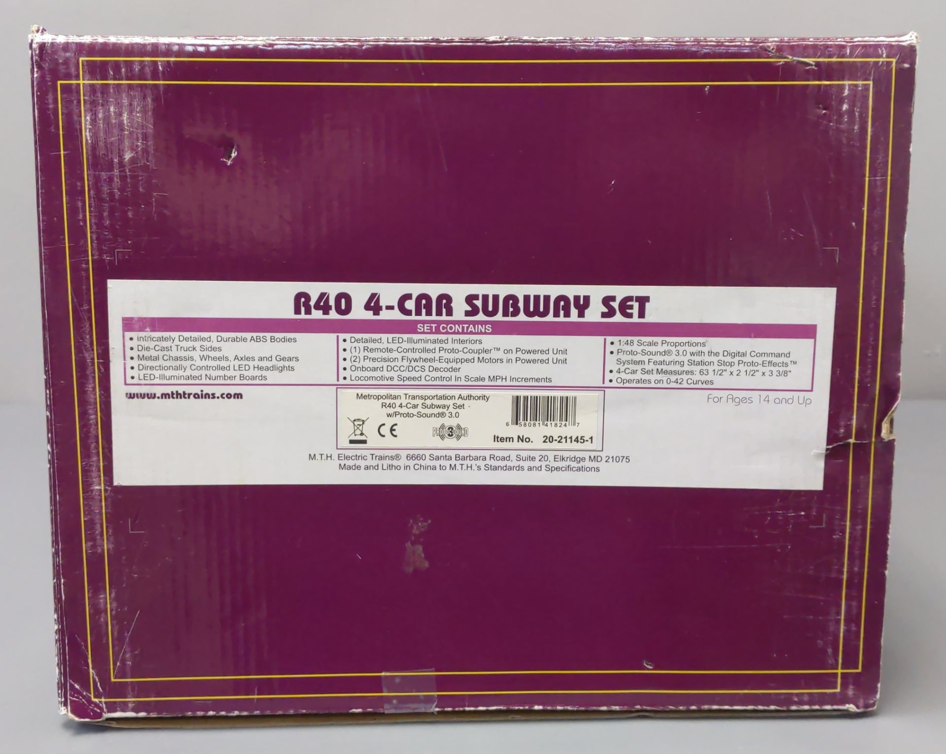 MTH 20-21145-1 O MTA R40 Subway Set with Proto-Sound 3.0 (Pack of 4)