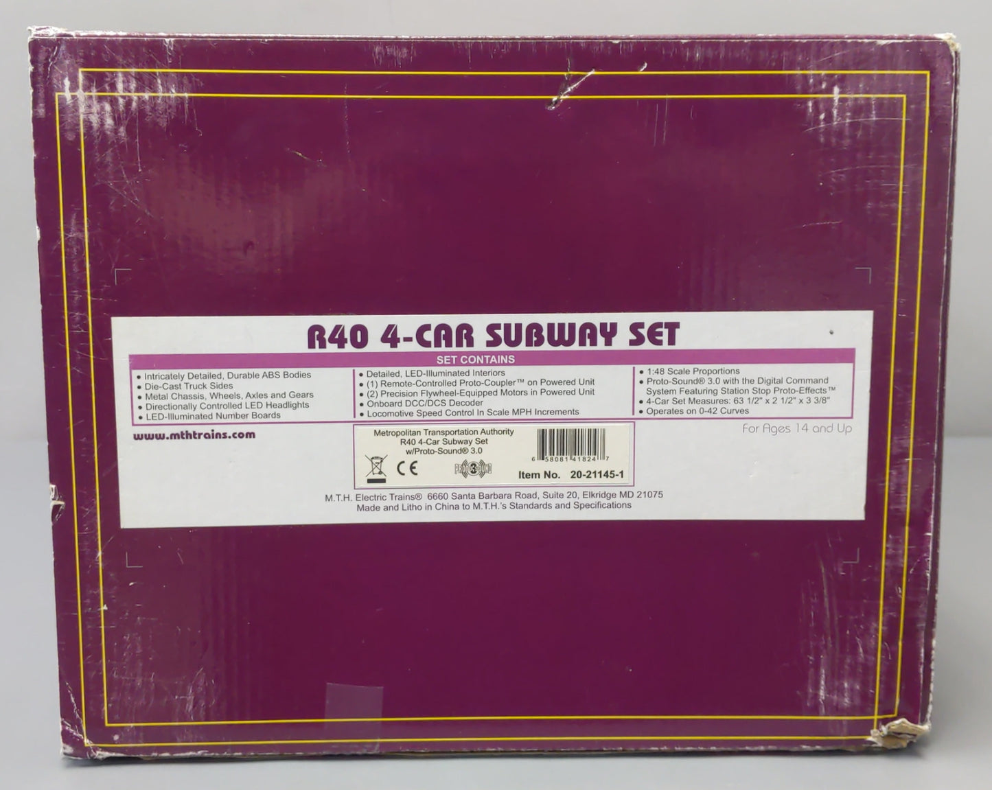 MTH 20-21145-1 O MTA R40 Subway Set with Proto-Sound 3.0 (Pack of 4)