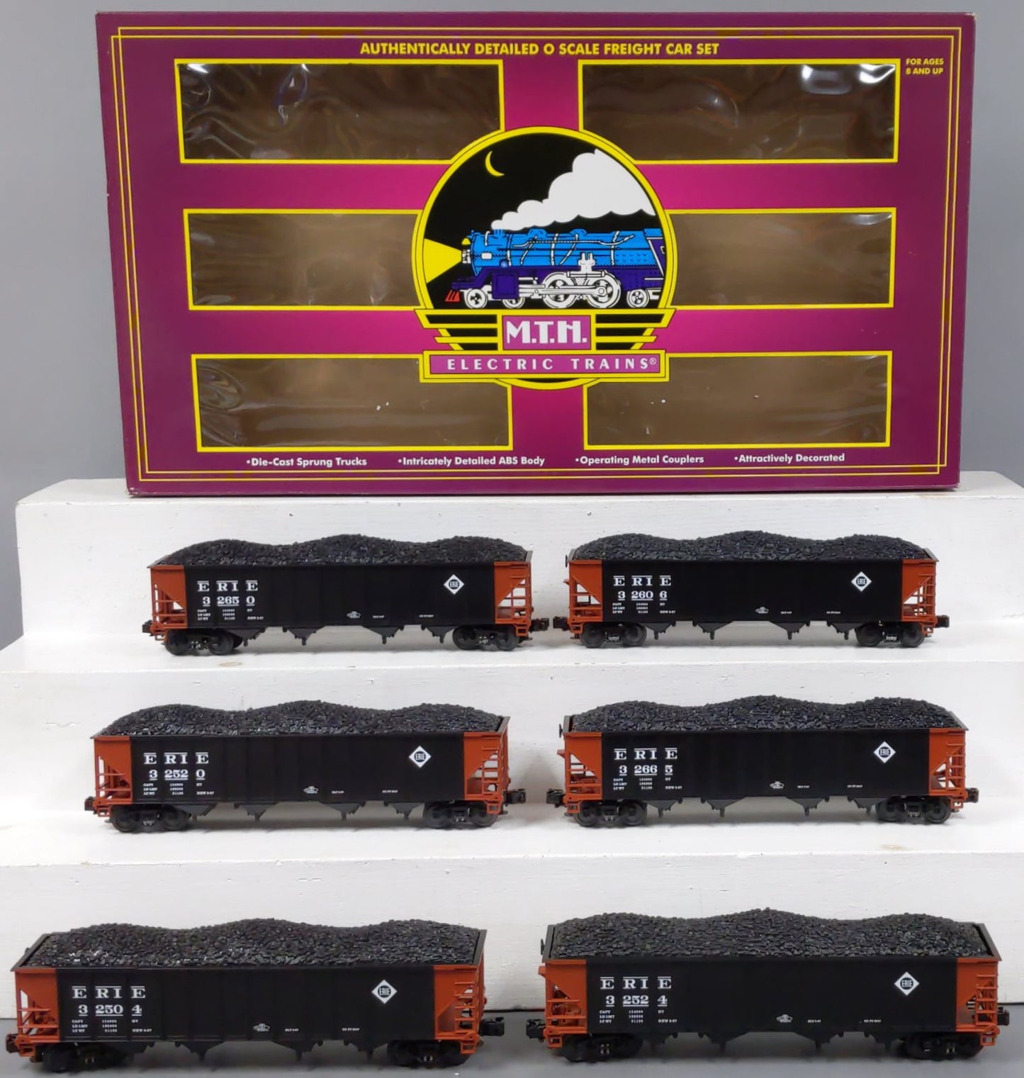 MTH 20-97077 O Erie Premier 4-Bay Hopper Car Set with Coal Loads (Set of 6) LN/Box