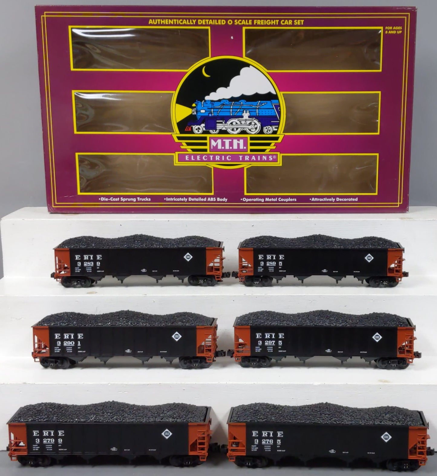 MTH 20-97076 O Erie Premier 4-Bay Hopper Car Set with Coal Loads (Set of 6) NIB