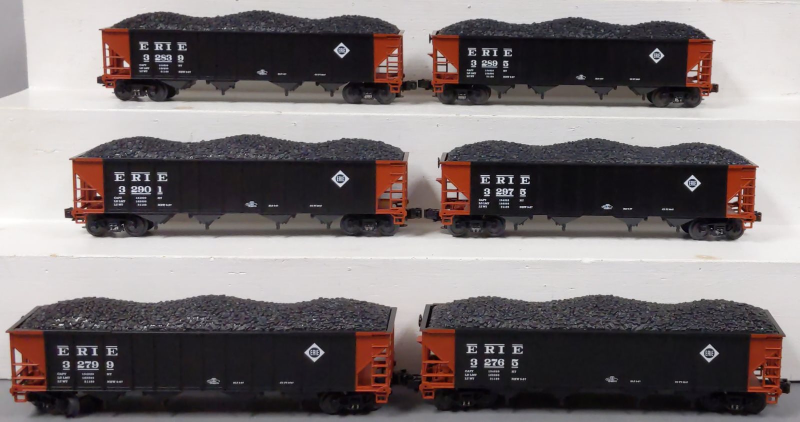 MTH 20-97076 O Erie Premier 4-Bay Hopper Car Set with Coal Loads (Set of 6) LN