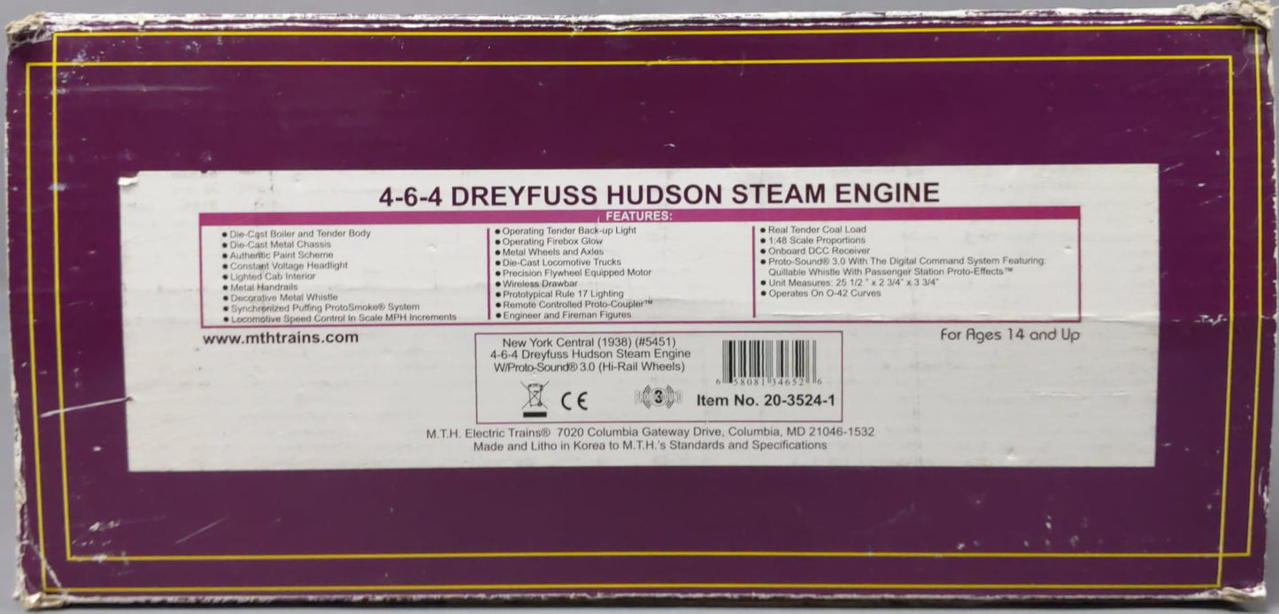 MTH 20-3524-1 O NYC Hi-Rail 4-6-4 Steam Locomotive w/PS3 #5451