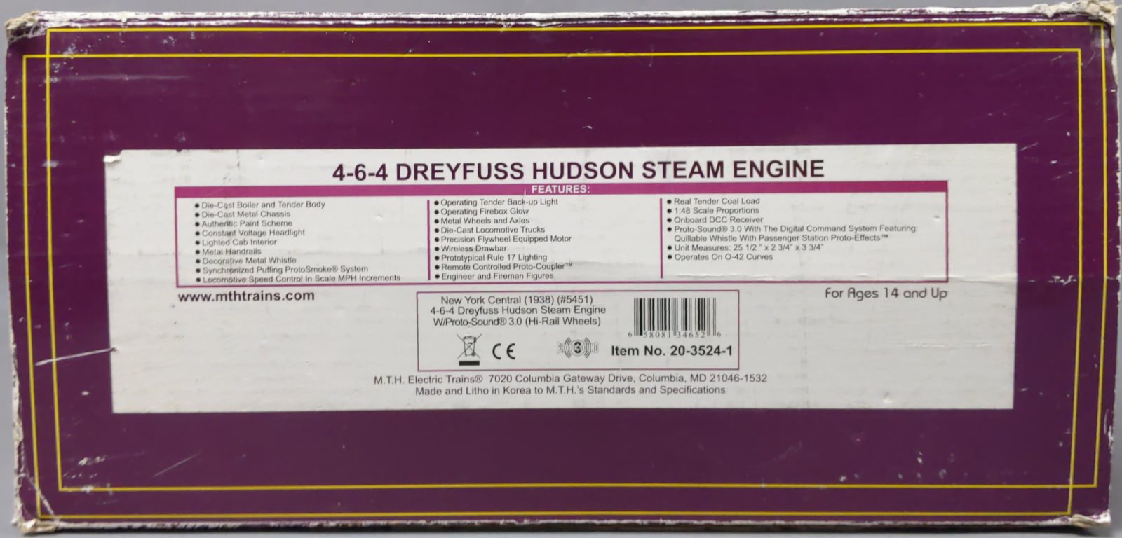 MTH 20-3524-1 O NYC Hi-Rail 4-6-4 Steam Locomotive w/PS3 #5451