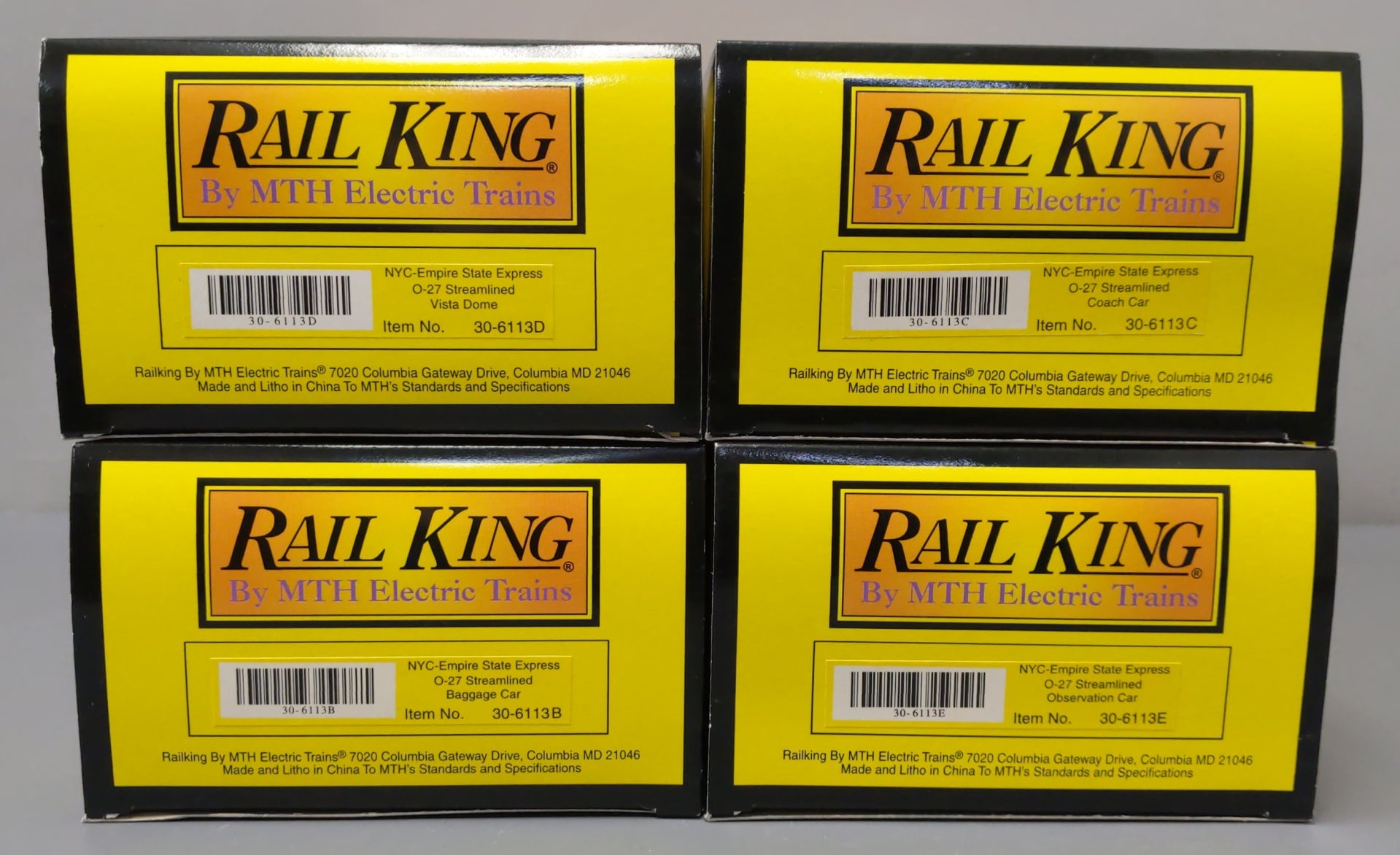 MTH 30-6113 O NYC RailKing O-27 Streamlined Passenger Set (Set of 4) LN/Box