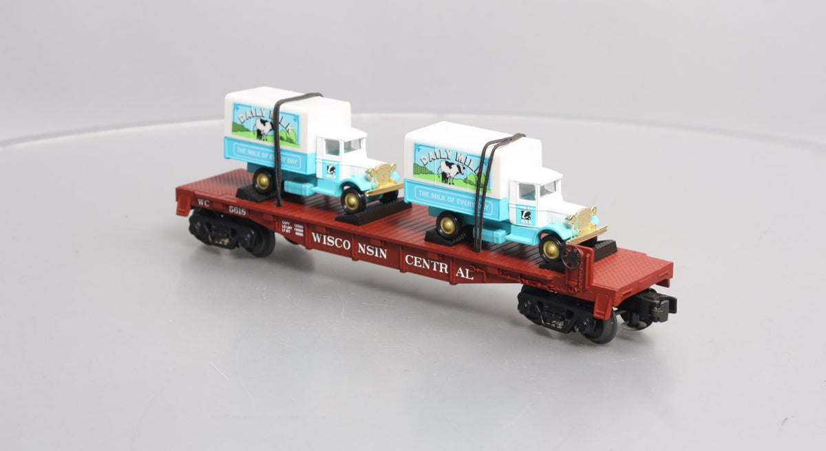 MTH 30-76116 O Gauge Wisconsin Central Flatcar With 2 Dairy Trucks  #5618 LN/Box