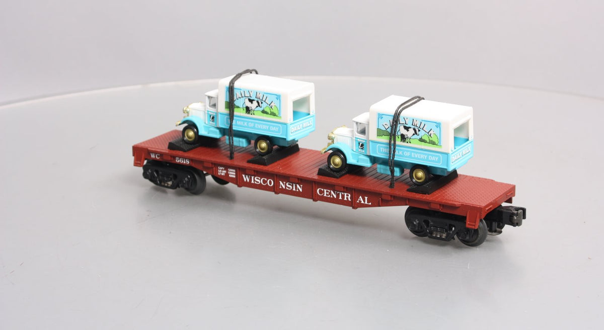 MTH 30-76116 O Gauge Wisconsin Central Flatcar With 2 Dairy Trucks  #5618 LN/Box