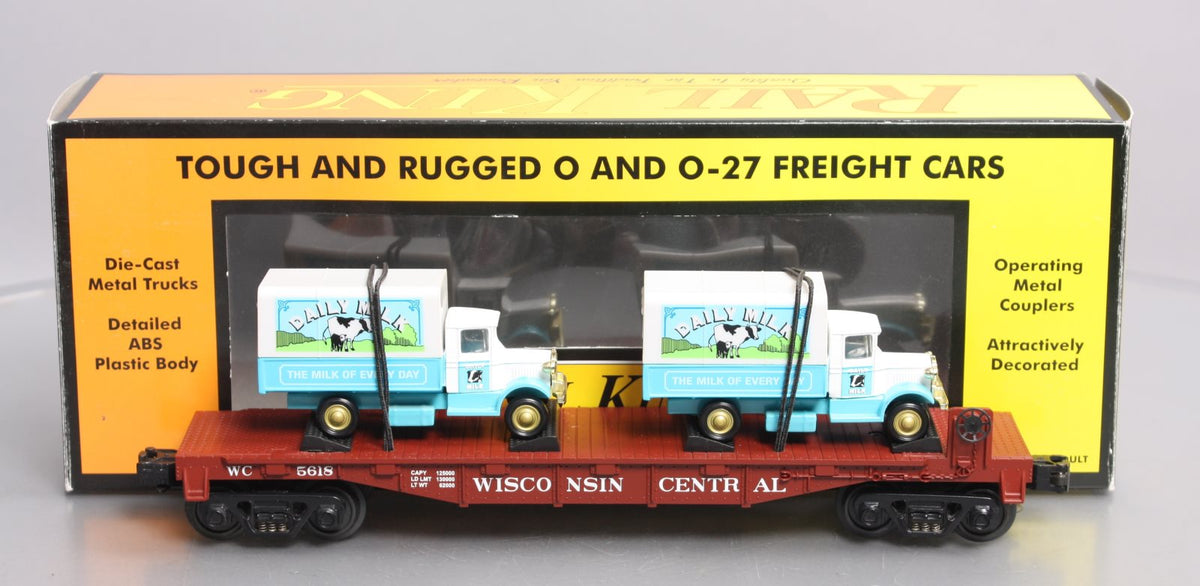 MTH 30-76116 O Gauge Wisconsin Central Flatcar With 2 Dairy Trucks  #5618 LN/Box