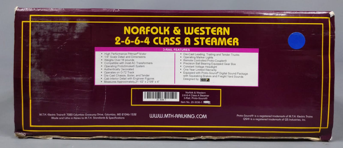 MTH 20-3036-1 O Gauge N&W 2-6-6-4 Class A Steam Locomotive & Tender w/PS1 #1218 LN/Box