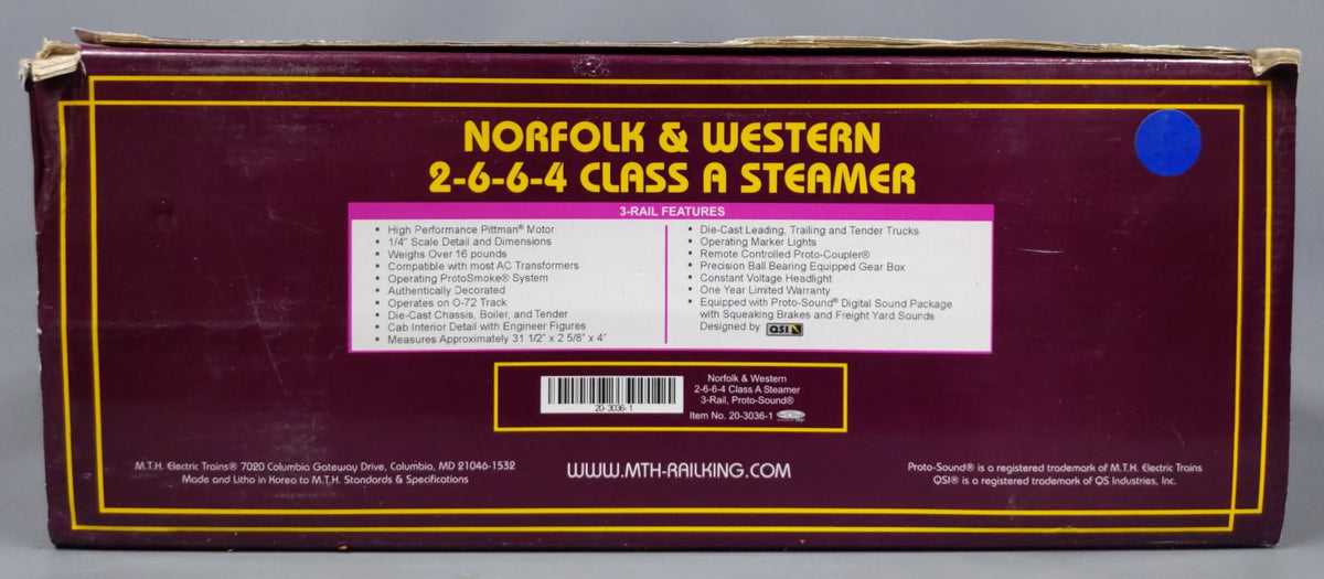 MTH 20-3036-1 O Gauge N&W 2-6-6-4 Class A Steam Locomotive & Tender w/PS1 #1218 LN/Box