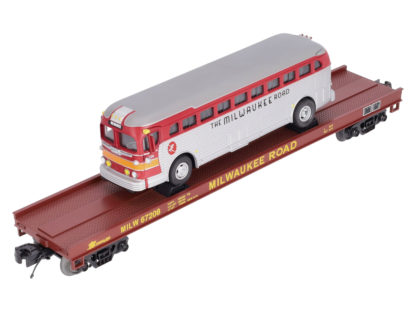 MTH 20-98831 O Gauge Milwaukee Road Flat Car w/ Diecast Bus #67208