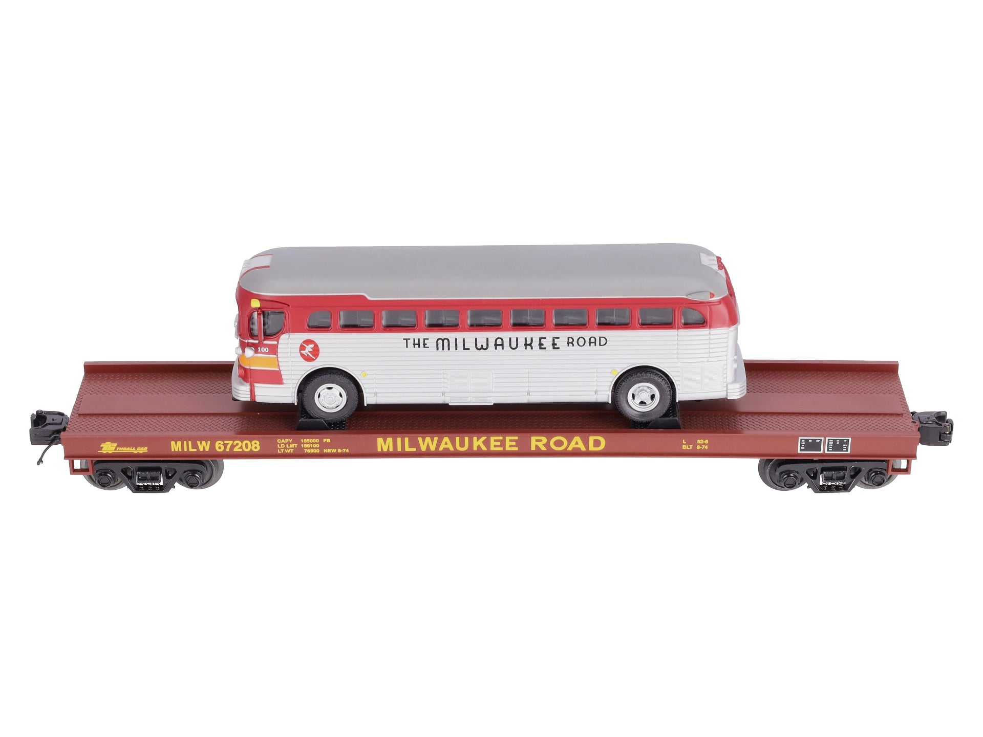 MTH 20-98831 O Gauge Milwaukee Road Flat Car w/ Diecast Bus #67208