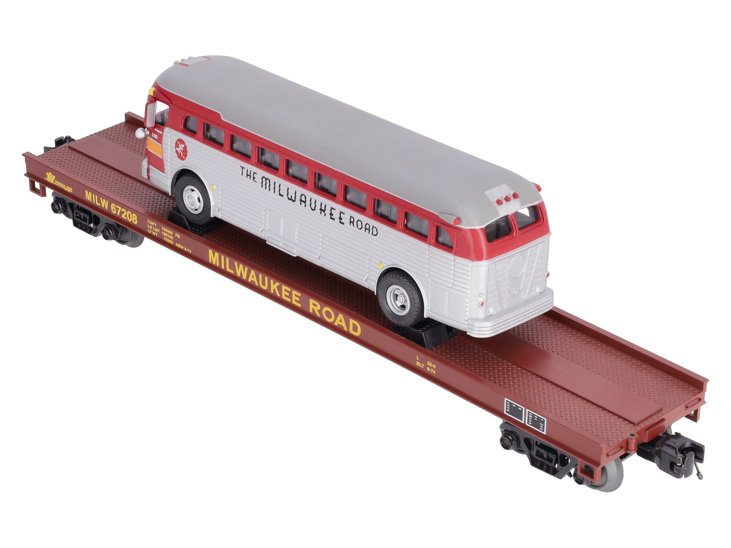 MTH 20-98831 O Gauge Milwaukee Road Flat Car w/ Diecast Bus #67208